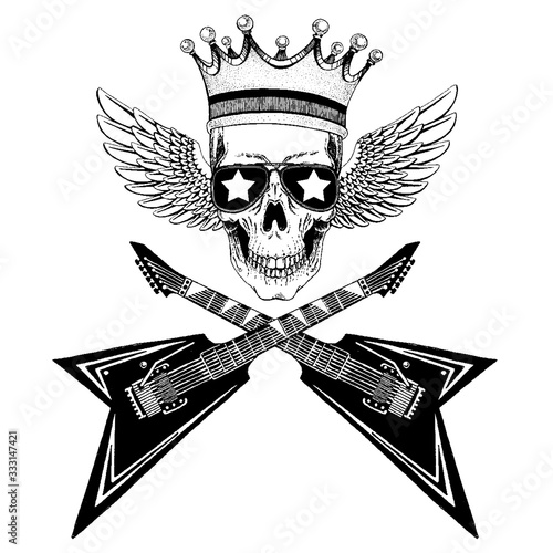 Vector skull with wings in crown with guitars. Logo for shirt, musical poster