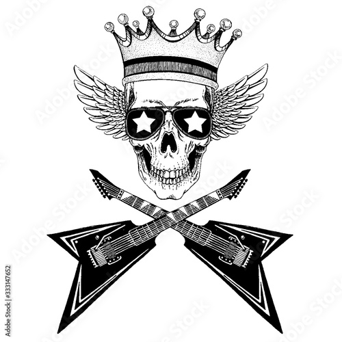 Vector skull with wings in crown with guitars. Logo for shirt, musical poster