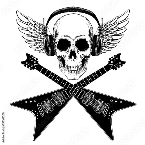 Vector skull. King of rock music. Heavy metal symbol with wings.