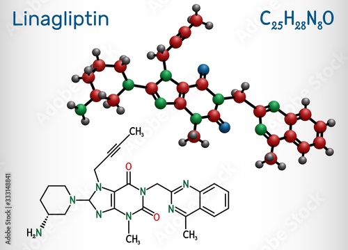 Linagliptin, C25H28N8O2 molecule. It is DPP-4 inhibitor, used for the treatment of type II diabetes. Structural chemical formula and molecule model. Vector illustration