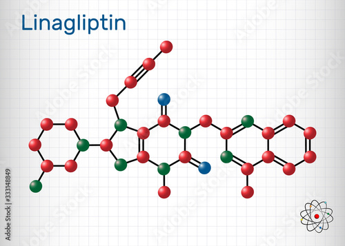 Linagliptin, C25H28N8O2 molecule. It is DPP-4 inhibitor, used for the treatment of type II diabetes. Structural chemical formula and molecule model. Sheet of paper in a cage