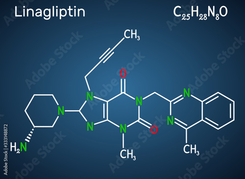 Linagliptin, C25H28N8O2 molecule. It is DPP-4 inhibitor, used for the treatment of type II diabetes. Structural chemical formula on the dark blue background photo