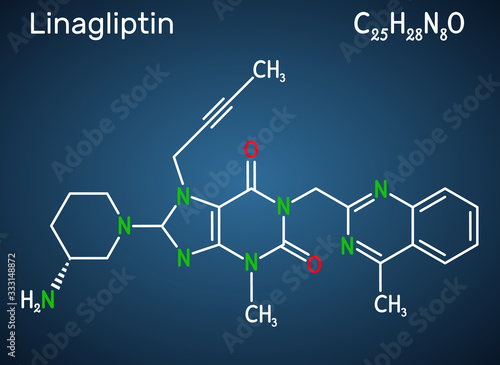 Linagliptin, C25H28N8O2 molecule. It is DPP-4 inhibitor, used for the treatment of type II diabetes. Structural chemical formula on the dark blue background