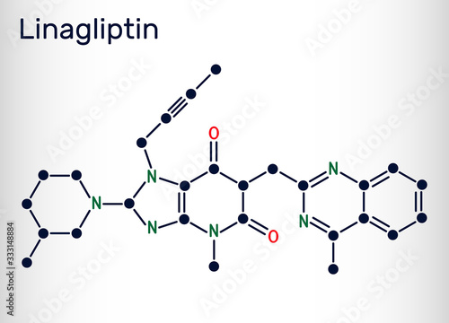 Linagliptin, C25H28N8O2 molecule. It is DPP-4 inhibitor, used for the treatment of type II diabetes. Structural chemical formula photo