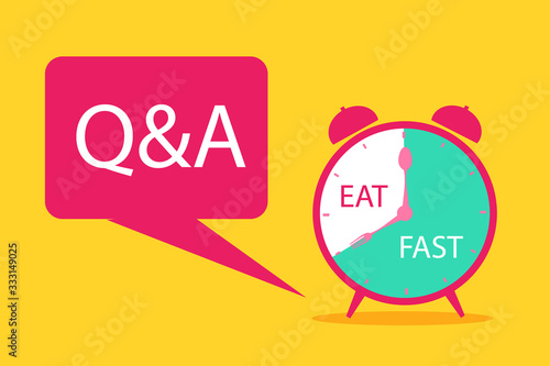 Intermittent fasting Q&A, clock with eating and fasting hours. Intermittent Fasting often use for loosing weight or to control dia