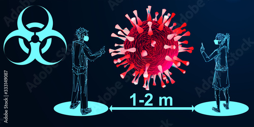 Coronavirus. Social distancing and minimize physical contact. Space between people to avoid spreading COVID-19 Virus. Keep the 1-2 meter distance. The medical concept. Low poly wireframe style. Vector