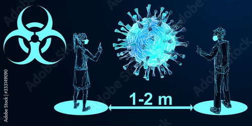 Coronavirus. Social distancing and minimize physical contact. Space between people to avoid spreading COVID-19 Virus. Keep the 1-2 meter distance. The medical concept. Low poly wireframe style. Vector