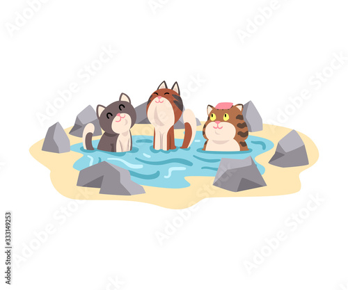 Funny Cats Taking Japanese Hot Spring Bath Outdoor, Cute Pet Animals Enjoying Spa Procedure Vector illustration