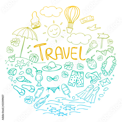 Set of colorful summer doodles isolated on white background. Travel and vacation emblems and symbols. Vector illustration. Perfect for greeting card, postcard, print for textile, t shirt.