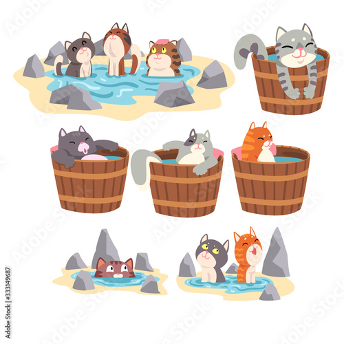 Funny Cats Taking Japanese Hot Spring Bath Set, Cute Pet Animals Enjoying Spa Procedures Vector illustration
