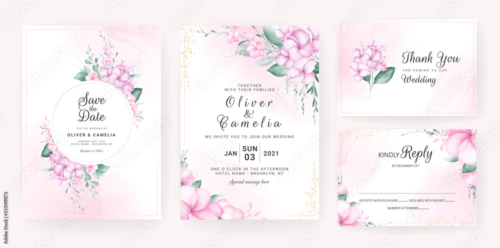 Fototapeta Floral wedding invitation card template set with watercolor floral arrangements and border. Flowers decoration for save the date, greeting, thank you, poster, cover. Botanic illustration vector