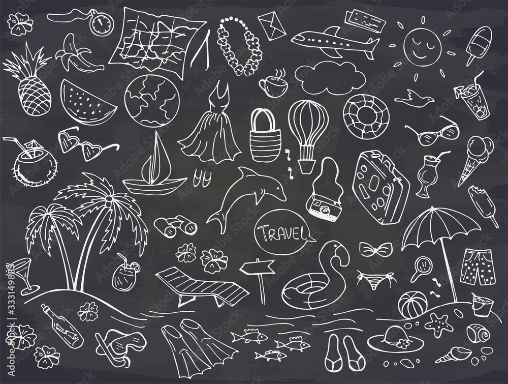 Set of summer doodles isolated on chalkboard. Travel and vacation emblems and symbols. Vector illustration. Perfect for greeting card, postcard, print.