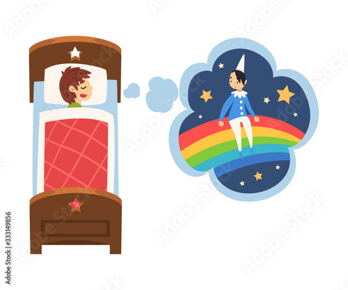 Cute Boy Sleeping in Bed and Dreaming About Boy Sitting on Rainbow, Kid Lying in Bed Having Sweet Dreams Vector Illustration