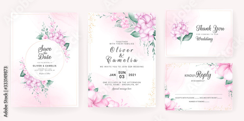 Floral wedding invitation card template set with watercolor floral arrangements and border. Flowers decoration for save the date, greeting, thank you, poster, cover. Botanic illustration vector