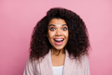 Portrait of excited crazy afro american girl lawyer look incredible company career promotion deal impressed scream wow omg wear checkered outfit isolated pastel pink color background