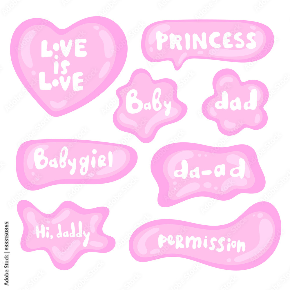 Collection of vector tickets, labels, stamps, stickers, corners, tags on white background. Set of pink stickers on different shapes. Text - Dad, Baby, Love is love, Princess, Babygirl, Permission