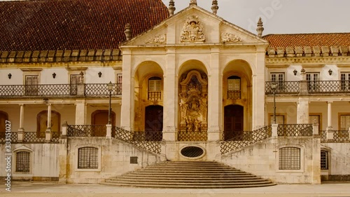 POV shot towards the heart of the famous Old University of Coimbra where traditional academic ceremonies are held. It is one of the oldest universities in the world, dating back to 1230.