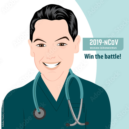 Happy doctor who defeated in the battle with coronavirus. Covid-19. Vector.