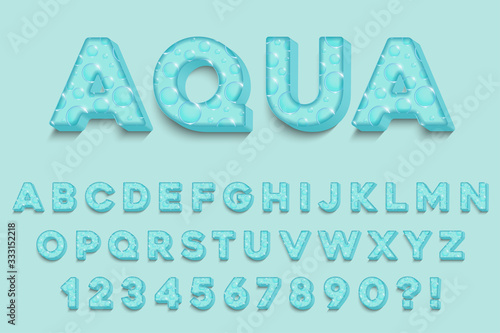 Modern 3D aqua Alphabet Letters, Numbers and Symbols. Fresh Typography . Vector