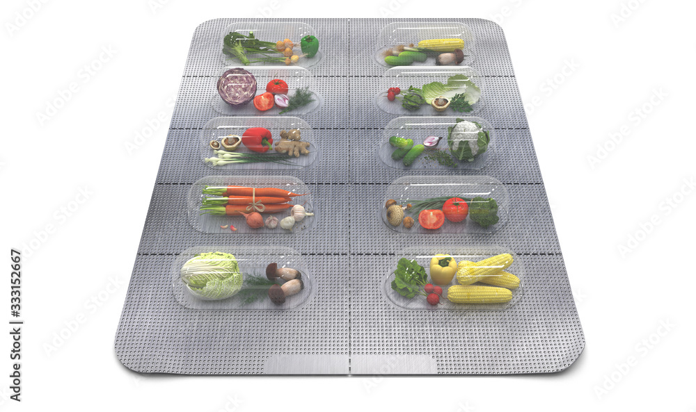 Natural vitamins in tablets. Fresh vegetables in a blister instead of pills. Аlternative medicine. Multivitamins and dietary supplements for a healthy diet. Creative concept. 3D render illustration. Natural vitamins in tablets. Fresh vegetables in a blister instead of pills. Аlternative medicine. Multivitamins and dietary supplements for a healthy diet. Creative concept. 3D render illustration.