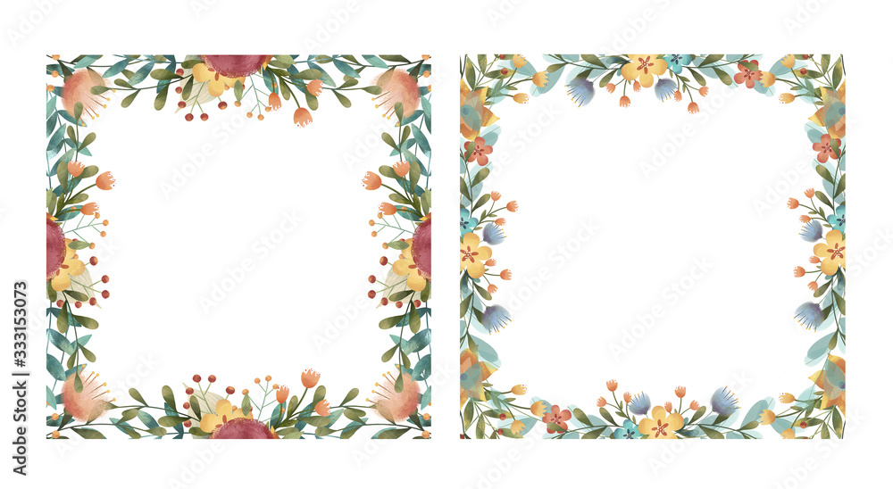 Set of summer, spring, easter, birthday or wedding square frame with flowers, leaves and branches. Hand drawn illustration. Set of summer, spring, easter, birthday or wedding square frame with flowers, leaves and branches. Hand drawn illustration.
