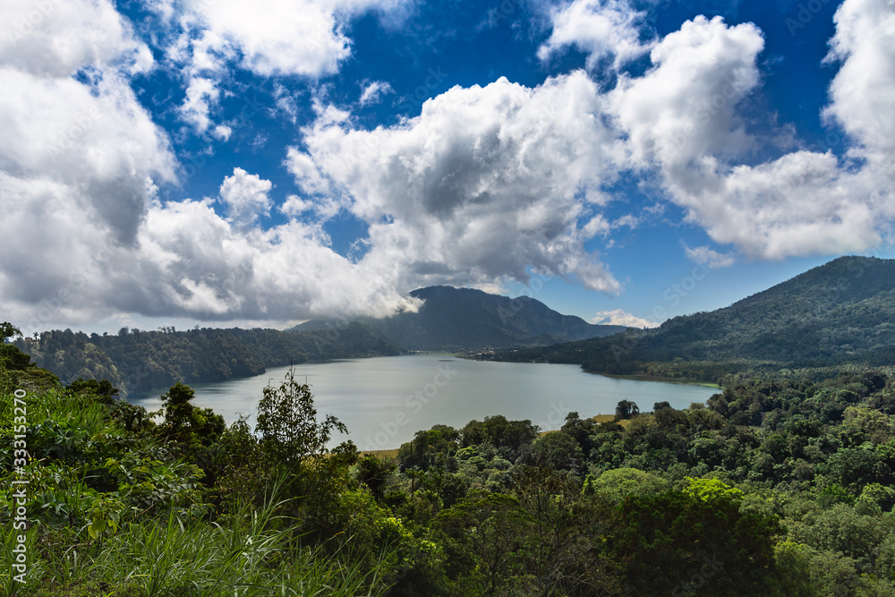 Beautiful view of Buyan lake and mountains on north Bali, Indonesia.