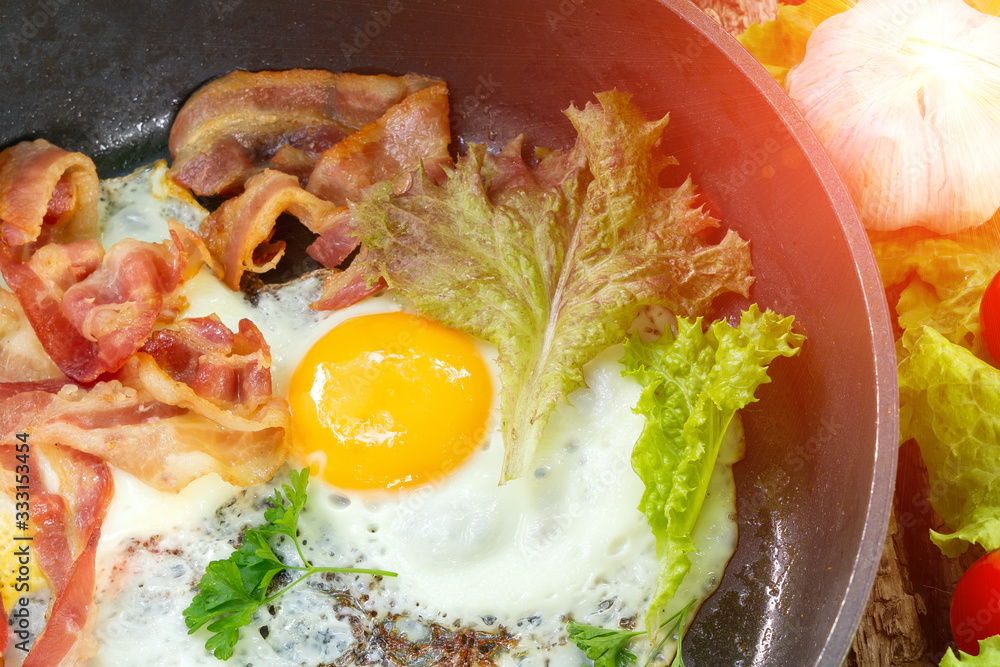 Fried eggs with crispy bacon in a pan with cherry tomatoes. Keto breakfast for keto diet. Fried eggs with crispy bacon in a pan with cherry tomatoes. Keto breakfast for keto diet.