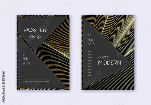Black cover design template set. Gold abstract lin