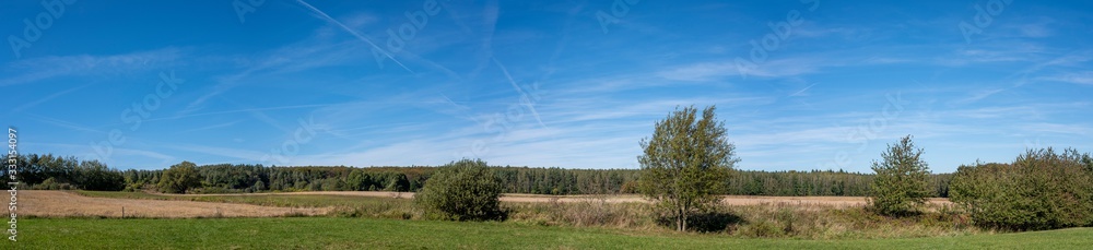 A panoramic view over fields and meadows 