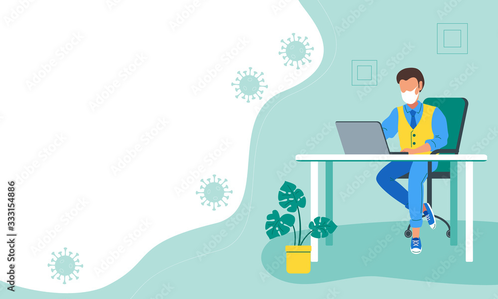 Character man in protective medical mask with quarantined computer. The concept of work at home, distance learning. Copy space banner design. Vector stock illustration. Character man in protective medical mask with quarantined computer. The concept of work at home, distance learning. Copy space banner design. Vector stock illustration.