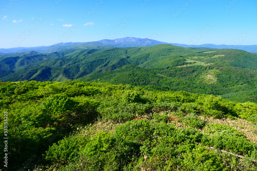 初夏の寺沢高原より早池峰山を望む。遠野、岩手、日本。5月下旬。