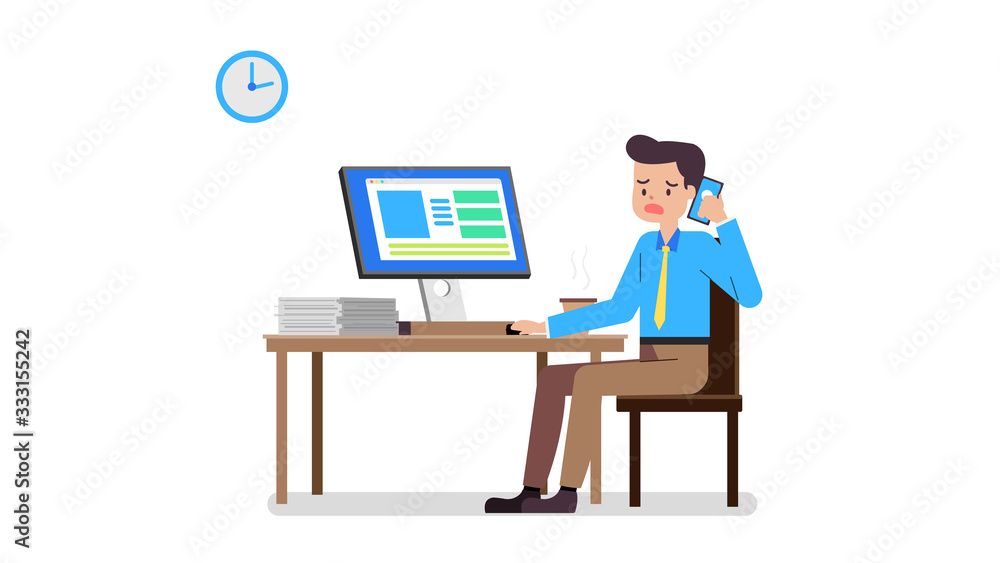 Business man hard working concept .Cartoon Business man working on PC at desk.Vector illustration.Young businessman stressed call mobile phone in office Business man hard working concept .Cartoon Business man working on PC at desk.Vector illustration.Young businessman stressed call mobile phone in office