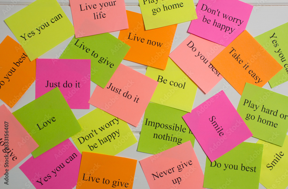 Fototapeta Motivational words on colorful stickers on white background. A vision Board. Cards with words. Affirmation, development, training, seminar. Plan, strategy, to-do list, concept. Creativity, project,