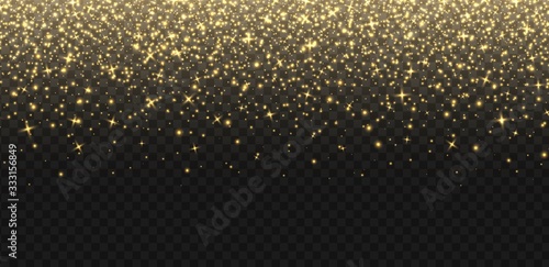 Falling golden sparkles, abstract luminous particles, yellow stardust isolated on a dark background. Flying Christmas glares and sparks. Luxury backdrop. Vector illustration.