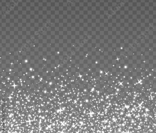 Flying silver sparkles, abstract luminous particles, white stardust isolated on a dark background. Christmas glares and sparks. Luxury backdrop. Vector illustration.