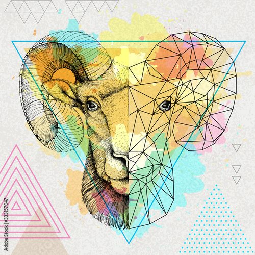Hipster animal realistic and polygonal ram or mouflon face on watercolor background. Astrology zodiac sign Aries