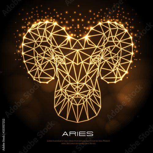 Neon astrology zodiac sign Aries on dark gold background. Abstract Polygonal head of ram or mouflon