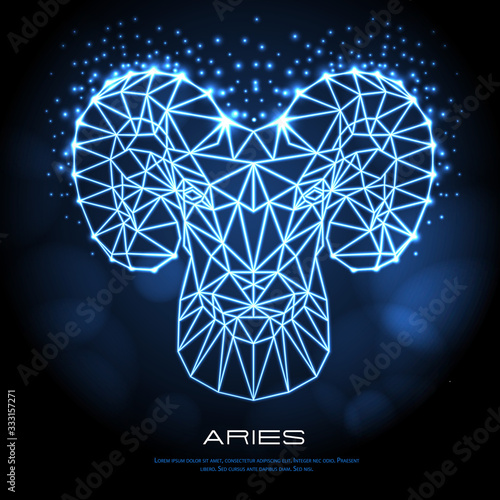 Neon astrology zodiac sign Aries on dark blue background. Abstract Polygonal head of ram or mouflon