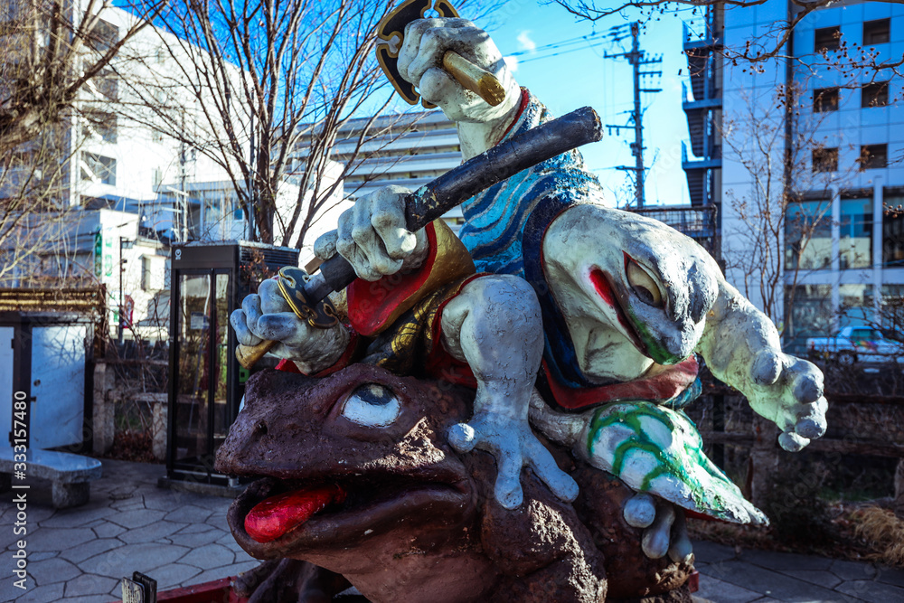 Matsumoto, Japan - January 03, 2020: Big Frog Statue as Symbol of the City