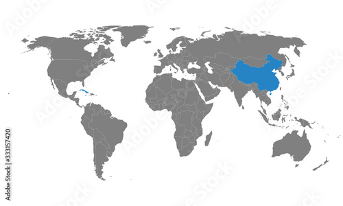 Cuba  china countries highlighted on world map. Commerce  transportation  travel  political relations.
