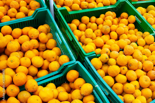 tangerines on the store counter selling citrus in a hypermarket