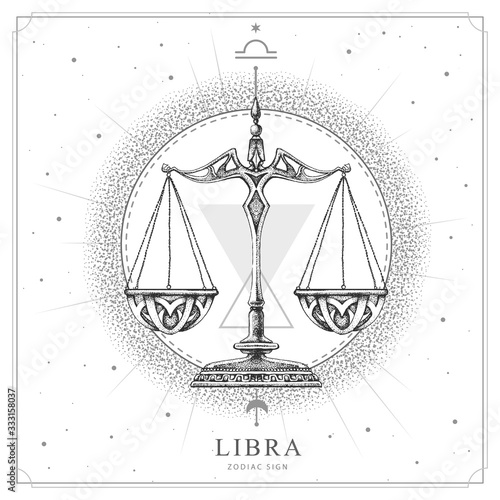 Modern magic witchcraft card with astrology Libra zodiac sign. Realistic hand drawing scales illustration