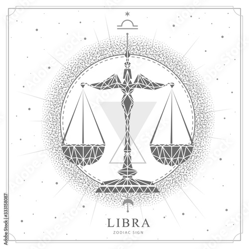 Modern magic witchcraft card with astrology Libra zodiac sign. Polygonal style. Scales illustration