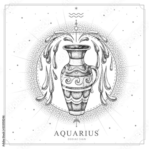 Modern magic witchcraft card with astrology Aquarius zodiac sign. Realistic hand drawing water jug illustration
