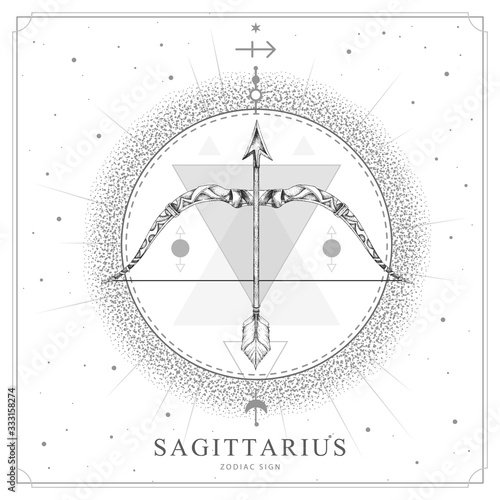 Modern magic witchcraft card with astrology Sagittarius zodiac sign. Realistic hand drawing Bow and arrow illustration