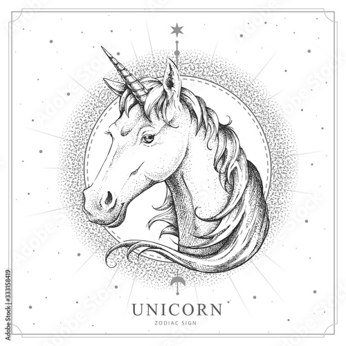 Dekoracja na wymiar  modern-magic-witchcraft-card-with-astrology-unicorn-zodiac-sign-realistic-hand-drawing-horse-or-unicorn-head