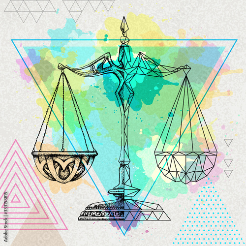 Realistic and polygonal illustration of scales on artistic watercolor background. Libra zodiac sign