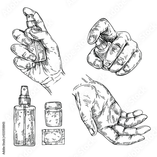 Hand drawn Antibacterial sanitizer spray, gel. Sketch Female Using disinfectant spray to protect from bacterias and viruses. 