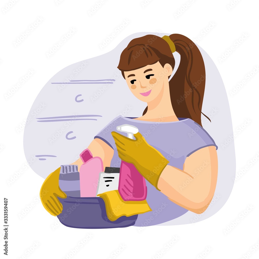 Girl in gloves with a basin and household cleaning products. Service for eco cleaning apartments, offices. Spending time at home during the quarantine, pandemic, self-isolations. Vector illustration.