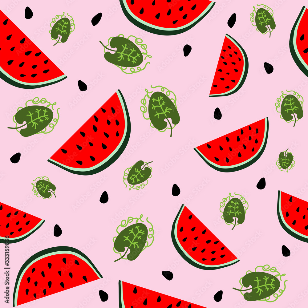 Seamless pattern with watermelon slices, seeds and leaves. Colorful print. Cute vector illustration. Seamless pattern with watermelon slices, seeds and leaves. Colorful print. Cute vector illustration.